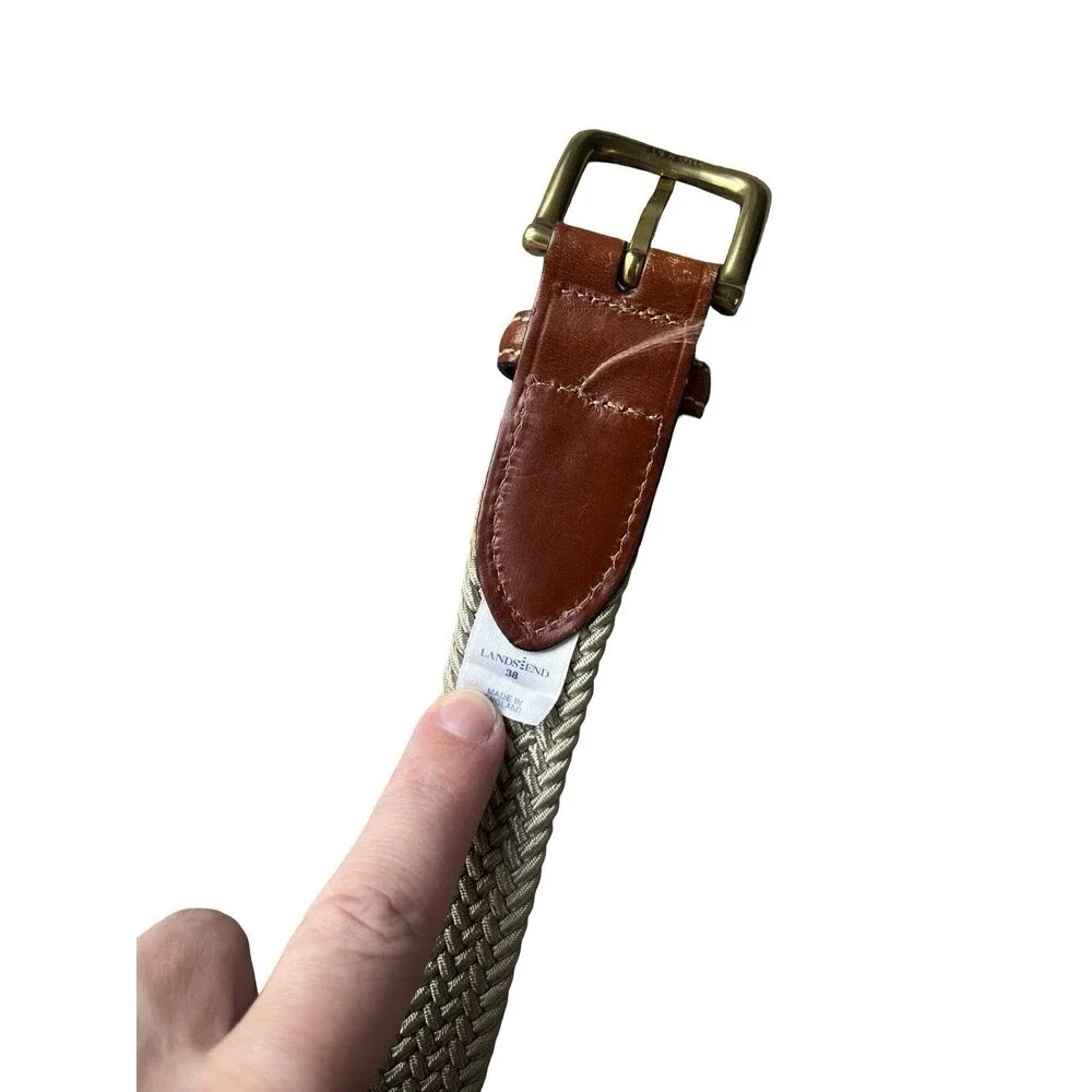 Lands’ End Woven Stretch Belt Size 38 Khaki Brown Leather Made in England